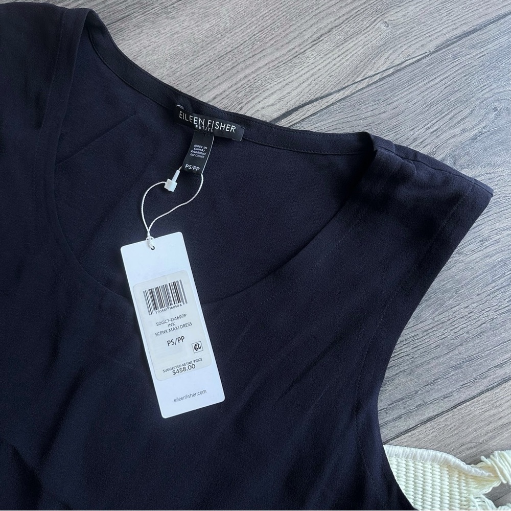 Eileen Fisher Petite Silk Georgette Navy Blue Asymmetric Sleeveless Dress - Picture 4 of 6